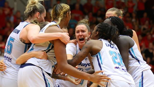 PERTH, AUSTRALIA - MARCH 14: Southside Flyers celebrate the win during game two of the WNBL Grand Final series between Perth Lynx and Southside Flyers at Bendat Basketball Stadium, on March 14, 2024, in Perth, Australia. (Photo by James Worsfold/Getty Images)