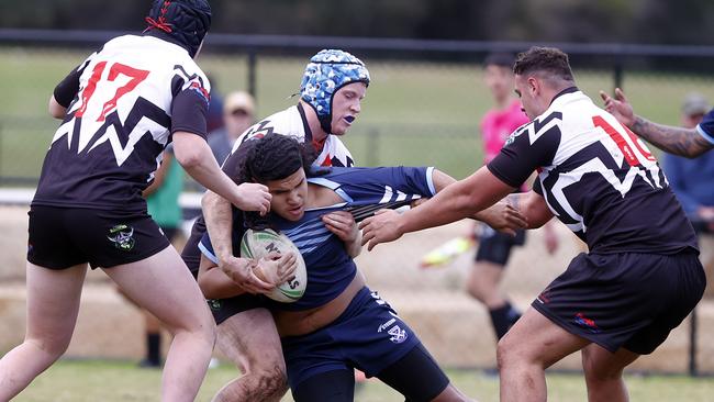 No way through the Erindale defence for Harlem Peters. Picture: Richard Dobson