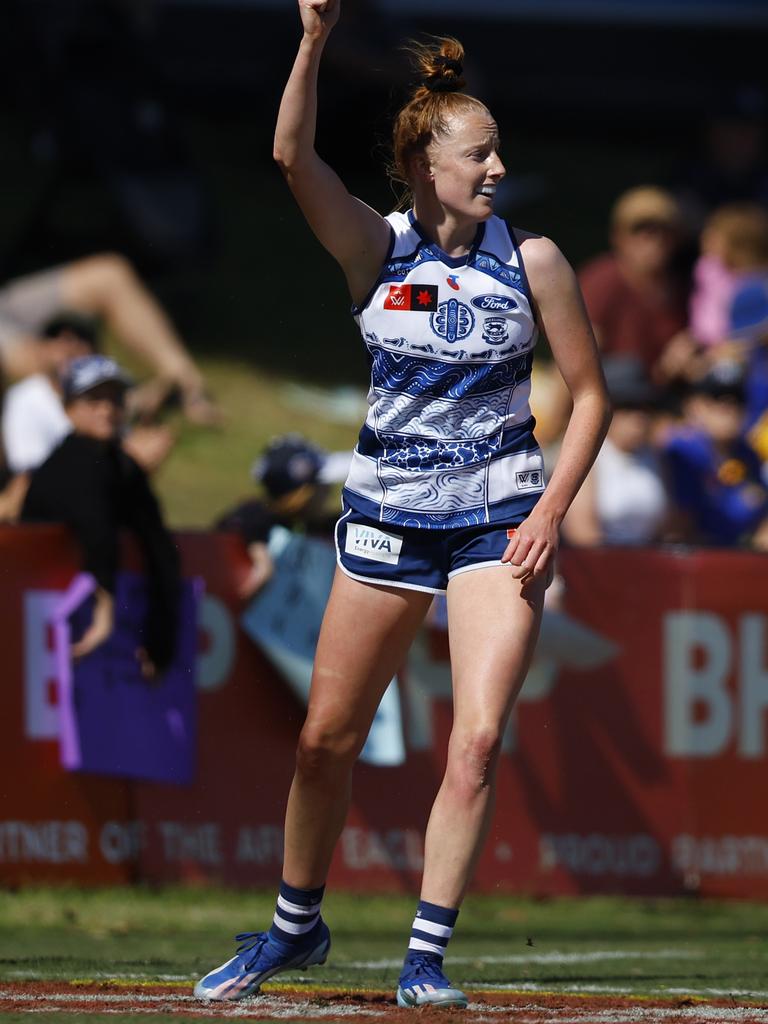 PERTH, AUSTRALIA - OCTOBER 26: Aishling Moloney of the Cats celebrates her goal during the round nine AFLW match between Waalitj Marawar (West Coast Eagles) and Geelong Cats at Mineral Resources Park, on October 26, 2024, in Perth, Australia. (Photo by James Worsfold/Getty Images)