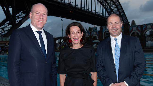 Trent Zimmerman with North Sydney Mayor Jilly Gibson and Treasurer Josh Frydenberg. Picture: AAP