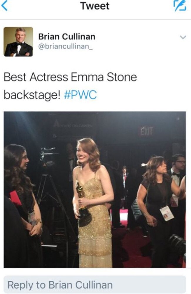 Brian Cullinan Tweeted a backstage photo of Emma Stone after she won the Best Actress Oscar but then quickly deleted it. Picture: Twitter