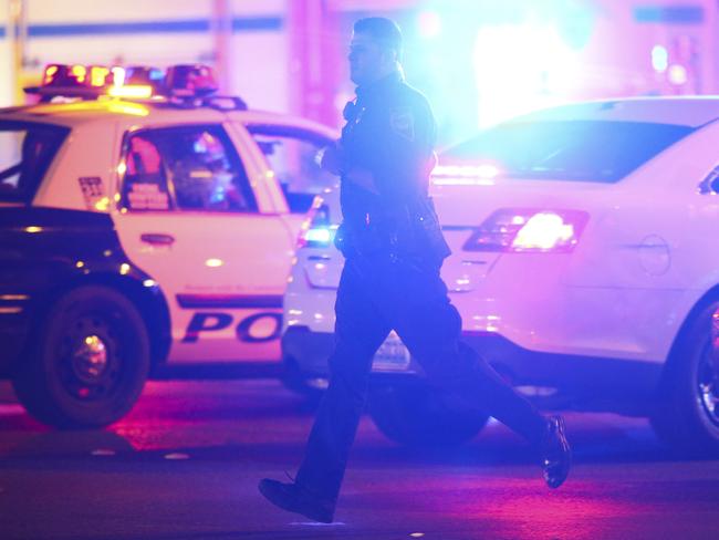 Las Vegas police respond during an active shooter situation on the Las Vegas Strip. Picture: Chase Stevens/Las Vegas Review-Journal via AP