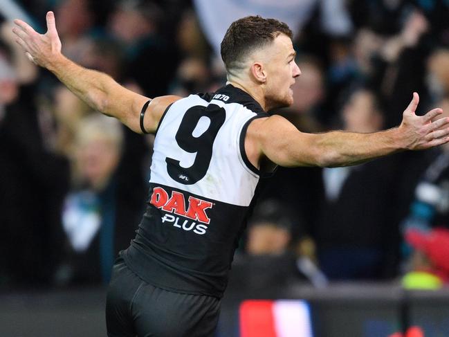 Robbie Gray of the Power celebrates a goal during the Round 8 AFL match between the Port Adelaide Power and the Adelaide Crows at Adelaide Oval in Adelaide, Saturday, May 12, 2018. (AAP Image/David Mariuz) NO ARCHIVING, EDITORIAL USE ONLY