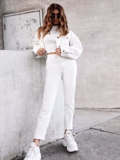 Olivia Jade wearing an all white three piece set she designed with clothing label Princess Polly. 