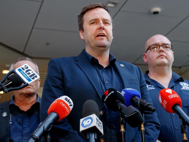 SYDNEY, AUSTRALIA - NewsWire Photos DECEMBER 24, 2024: RTBU NSW Secretary Toby Warnes and delegates leave the Fair Work Commission on Christmas Eve after an application to suspend or terminate rail union strikes which the NSW Government claims will endanger the safety of millions. Picture: NewsWire / Nikki Short