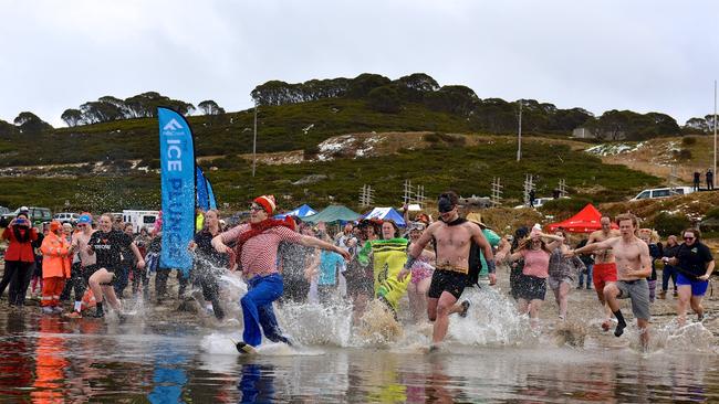 Competitors brave the 4C waters during the Ice Plunge at Falls Creek.