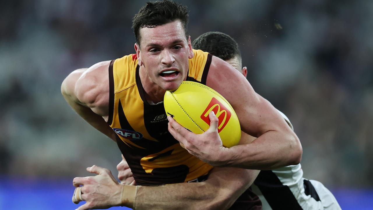 James Blanck appeared to suffer a serious knee injury in the second half of Hawthorn’s intraclub game at Waverley Park on Thursday. Picture: Michael Klein