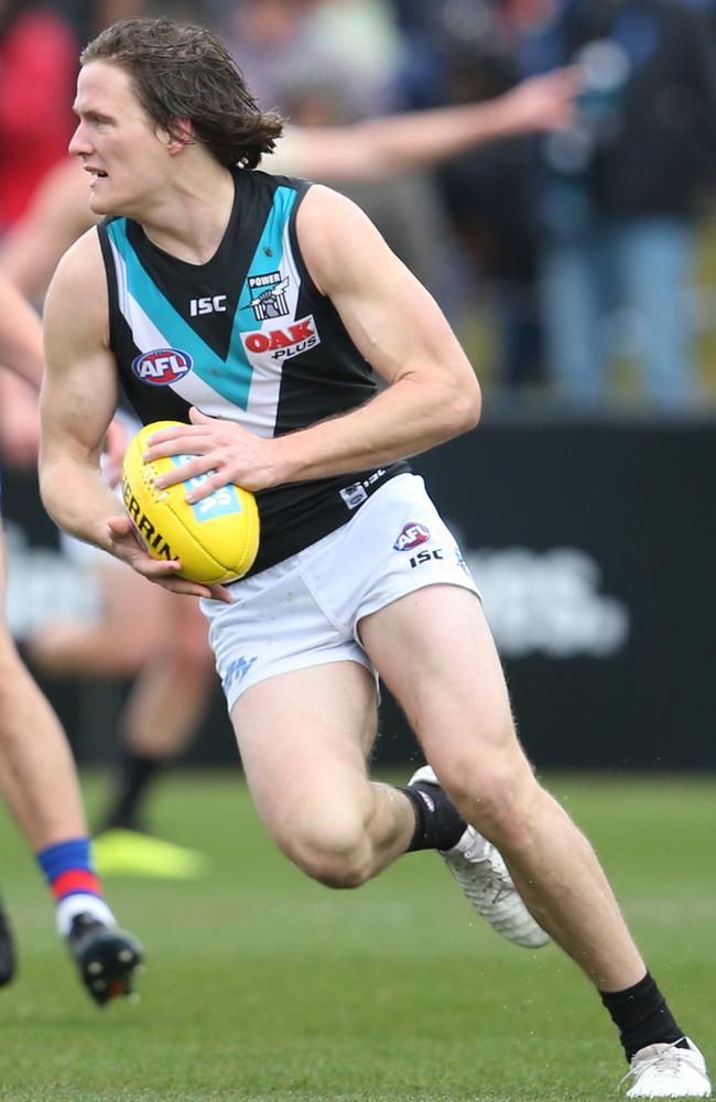 Port Adelaide’s Jared Polec in possession against the Bulldogs at Mars Stadium, Ballarat. Picture: Michael Klein