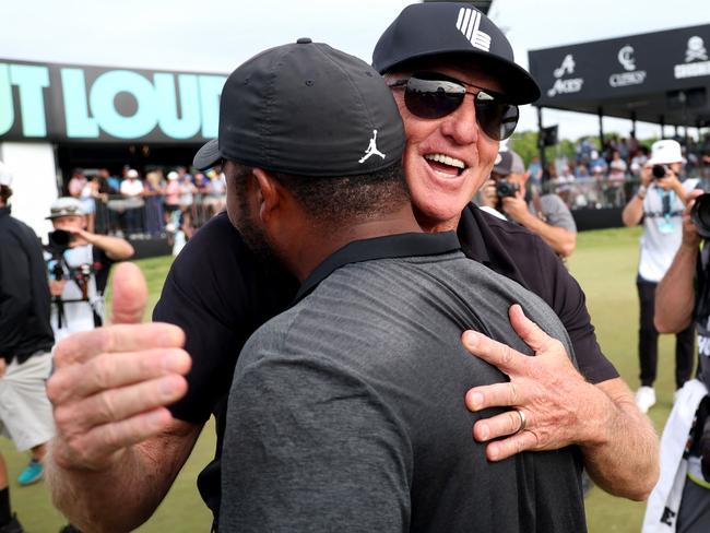 STERLING, VIRGINIA - MAY 28: LIV CEO Greg Norman congratulates Harold Varner III of RangeGoats GC after Varner won the LIV Golf Invitational - DC at Trump National Golf Club on May 28, 2023 in Sterling, Virginia.   Rob Carr/Getty Images/AFP (Photo by Rob Carr / GETTY IMAGES NORTH AMERICA / Getty Images via AFP)