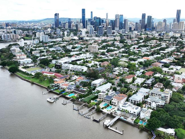 Aerial view large riverfront houses in the inner city Brisbane suburb of New Farm. The suburb has some of the Queensland capital city's most expensive real estate. Picture: Brendan Radke