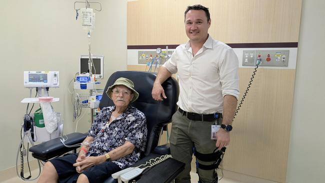 Cancer patient Warren Hermann and Dr Joel Wright at the Townsville University Hospital.