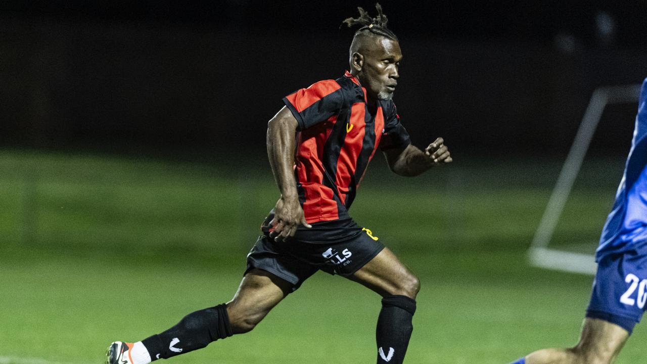 Wilfred Roanaota of Gatton Redbacks against Rockville Rovers in FQPL3 Darling Downs men grand final at Clive Berghofer Stadium, Saturday, August 31, 2024. Picture: Kevin Farmer