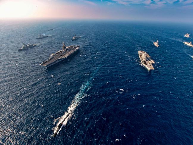 A navy drill involving ships from India, Australia, Japan and the US. Picture: AFP