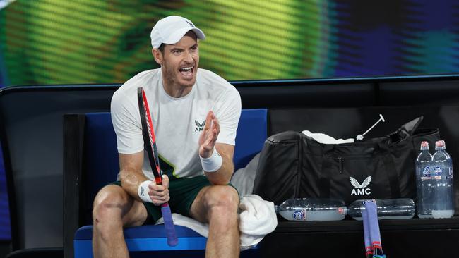 MELBOURNE, AUSTRALIA - JANUARY 19: Andy Murray of Great Britain reacts during the change over in their round two singles match against Thanasi Kokkinakis of Australia during day four of the 2023 Australian Open at Melbourne Park on January 19, 2023 in Melbourne, Australia. (Photo by Clive Brunskill/Getty Images)