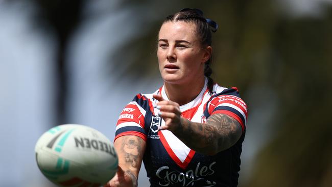 GOSFORD, AUSTRALIA - SEPTEMBER 15: Jayme Fressard of the Roosters warms up prior to the round eight NRLW match between Sydney Roosters and North Queensland Cowboys at Industree Group Stadium on September 15, 2024 in Gosford, Australia. (Photo by Jason McCawley/Getty Images)