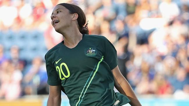 Sam Kerr celebrates scoring for Australia against Japan in the Tournament of Nations in the US in August. Picture: Getty Images