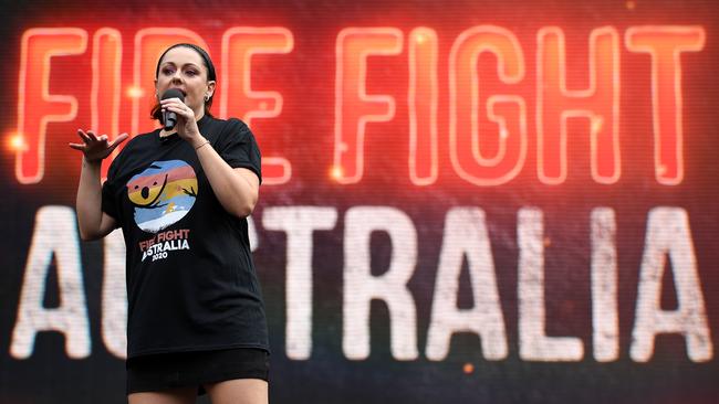 Comedian Celeste Barber speaks during the Fire Fight Australia bushfire relief concert at ANZ Stadium in Sydney on February 16.