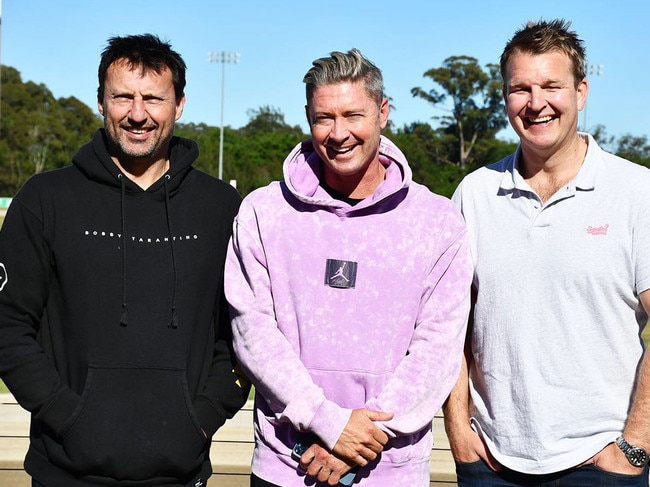 Clarke alongside Big Sports Breakfast cohosts Laurie Daley (L) and Gerard Middleton (R).