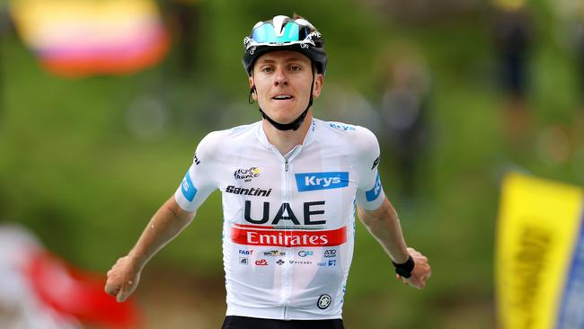 Tadej Pogacar celebrates his victory in stage six of the Tour de France. Picture: Getty Images