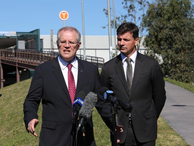 Prime Minister Scott Morrison and Angus Taylor at Macarthur Station last year. Picture: Robert Pozo