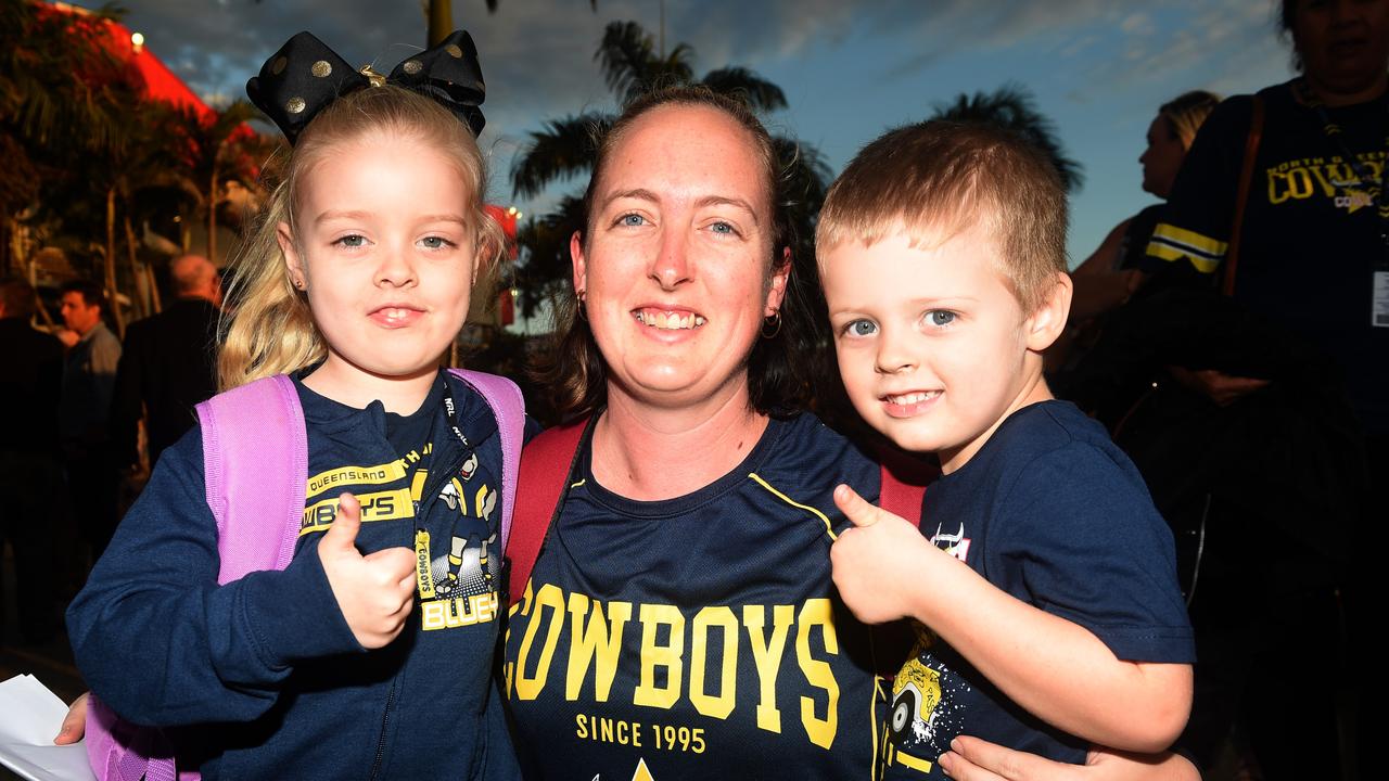 Socials from the North Queensland Cowboys v Parramatta Eels NRL game from 1300 Smiles Stadium. Jade Ford with kids Maddison 5 and Ethan Ford 3. Picture: Zak Simmonds