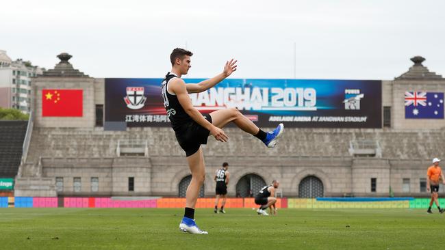 Connor Rozee trains at Jiangwan Stadium before last year’s game. Picture: Michael Willson/AFL Photos