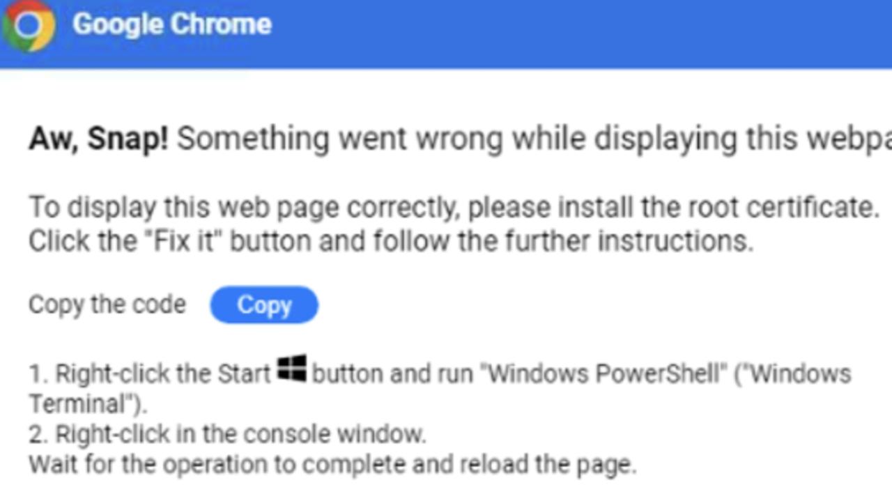 Cybersecurity company Proofpoint has warned Google Chrome users to be aware of popup notifications that claim an error has occurred while trying to open a document or web page. Picture: Supplied