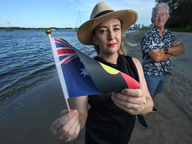 22/12/2025: Gold Coast Cr. Brooke Patterson holding the combination flag she has had changed with David Keys, who notified her of the flag, on the beach at South Port, Gold Coast. pic: Lyndon Mechielsen/The Australian