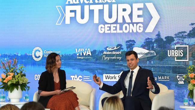 Geelong Advertiser editor Nadja Fleet and demographer Simon Kuestenmacher at Future Geelong at GMHBA Stadium on March 1. Picture: David Smith