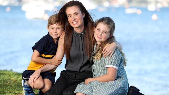 Perth businesswoman and independent candidate for Curtin, Louise Stewart at Peppermint Grove with her children Alia (9) and Ace (6). Picture: Colin Murty