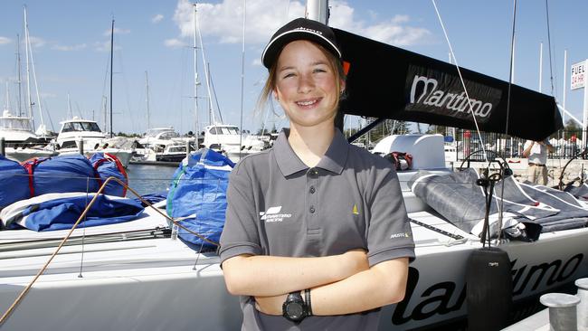 14-year-old sailor Addison Newlan on board the Maritimo 11. Photo: Tertius Pickard