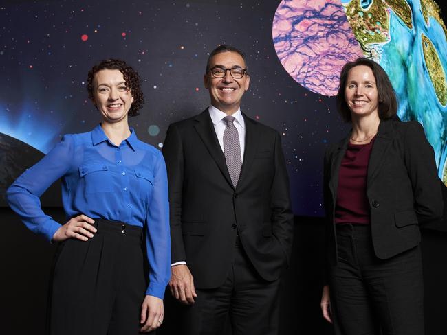 Zandria Farrell, SA Premier, Steven Marshall, and Rebecca Kuster from the Bureau of Meteorology ahead of establishing a new space weather hub in the Bice Building at Lot 14 in Adelaide, Friday, Oct. 1, 2021. Picture: MATT LOXTON