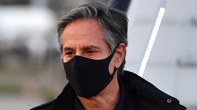 Antony Blinken disembarks at Stansted Airport, northeast of London, on Monday for the G7 foreign ministers meeting. Picture: AFP