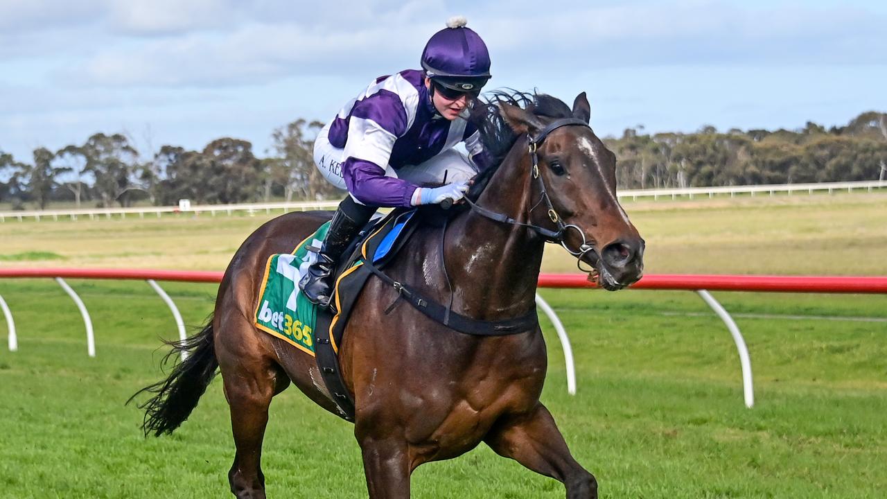 Barmah Al ridden by Alana Kelly wins the Megelec Electrical Contractors BM58 Handicap at Donald Racecourse on August 16, 2022 in Donald, Australia. (Photo by Brendan McCarthy/Racing Photos)