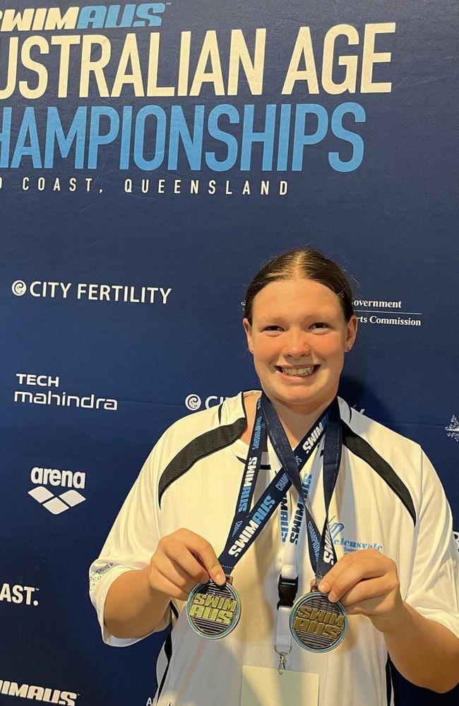 Gold Coast swimmer Montana Atkinson shows off her medals in the Multi-Class Australian Age Championships on the Gold Coast in April 8, 2023. Picture: Montana Atkinson Instagram