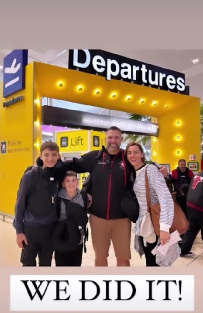 Aussie radio personality and podcaster Lise Carlaw with her family after their carry-on bags successfully came in at 7kg and under for a five-week Europe trip.