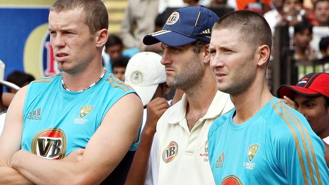 Simon Katich (C) alongside then vice-captain Michael Clarke.