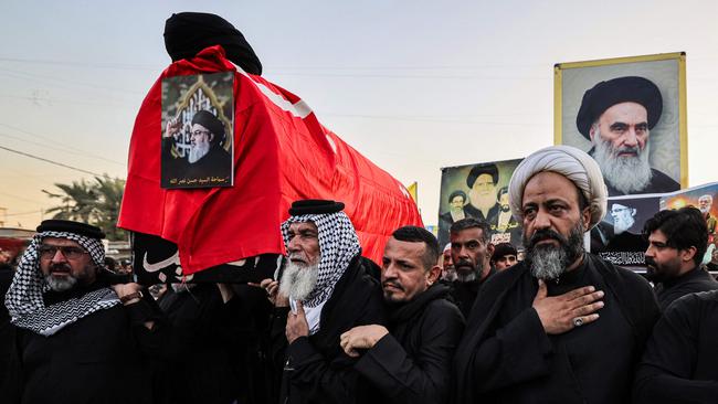 Mourners of Hassan Nasrallah, the late leader of the Lebanese Shiite group Hezbollah who was killed in an Israeli air strike in Beirut days earlier, in Baghdad's eastern suburb of Sadr City on September 29. Picture: AFP