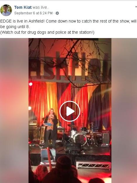 Tom Kiat’s Facebook post warning about drug dogs patrolling Ashfield train station.