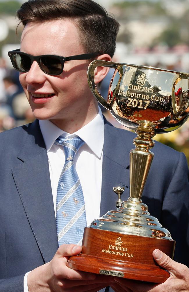 New kid on the block: winning trainer Joseph O'Brien with the Melbourne Cup. Picture: Getty Images