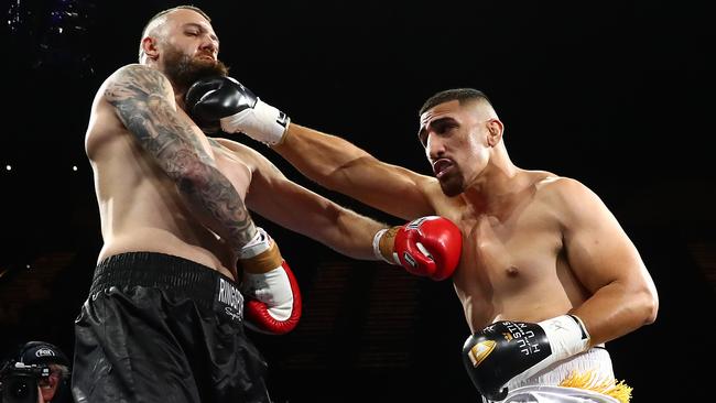 Justis Huni destroyed Jack Morris in the first round in their heavyweight fight at Gold Coast Convention and Exhibition Centre. Picture: Chris Hyde/Getty Images