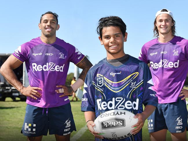 RUGBY LEAGUE: Special Indigenous Round welcome from Kabi Kabi people for Melbourne Storm players at Sunshine Coast Stadium. Pictured, Josh Addo-Carr, Tallis Brendan and Nicho Hynes. Photo Patrick Woods / Sunshine Coast Daily.