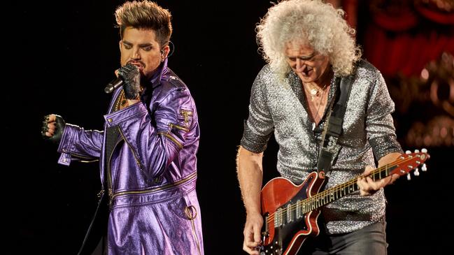 Adam Lambert and Brian May of Queen perform at Adelaide Oval. Picture: Matt Loxton