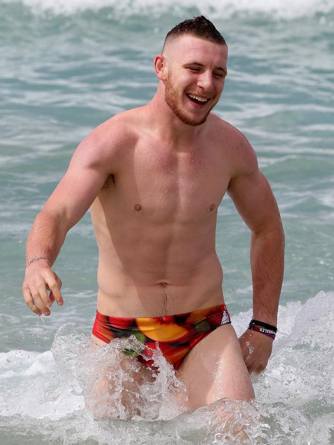 At a Roosters recovery session at Bondi Beach. Picture: Jonathan Ng