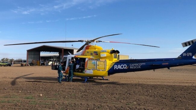 A man was flown to the Royal Brisbane and Women's Hospital with serious injuries after being caught in farming machinery on a property at Arcturus near Emerald.