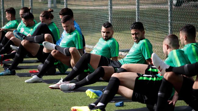 Socceroos players ahead of their first training session in Turkey.