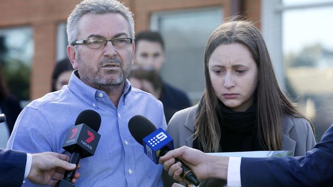 Karen’s husband Borce and daughter Sarah at Avondale Heights Police Station in the days after she went missing. Picture: Sarah Matray                        <a capiid="f54a4670b871567a00ccefa51835eede" class="capi-video">Police conduct tests on Mercedes at Mt Macedon</a>