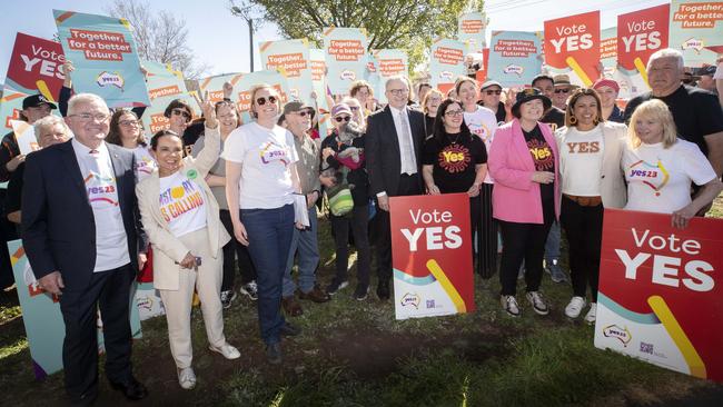 Anthony Albanese, federal Indigenous Australians Minister Linda Burney and supporters of Yes23 at Goodwood in Adelaide. Picture: Chris Kidd