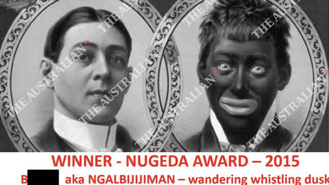 A NT Police TRG award issued in 2015, set to the background of William H. West’s Big Minstrel Jubilee, featuring a caricature of what appears to be a person wearing blackface. Picture - Supplied