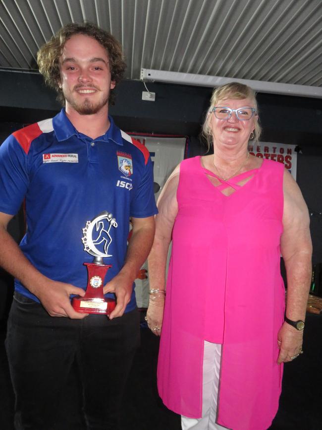 Kyle Wyatt receives the 2019 Atherton Roosters Rising Star award from sponsor Karen West of Atherton Smash Repairs. David Anthony photo